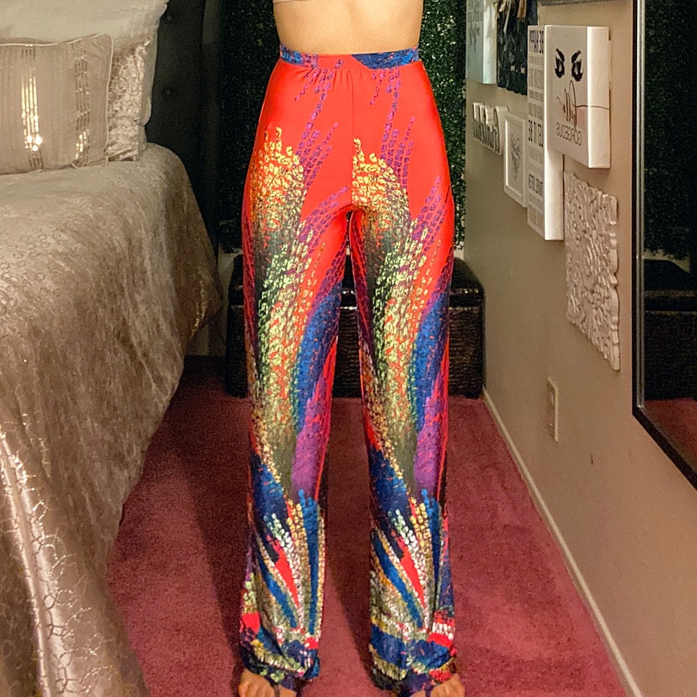 Red Multi Color Wide Leg Pants